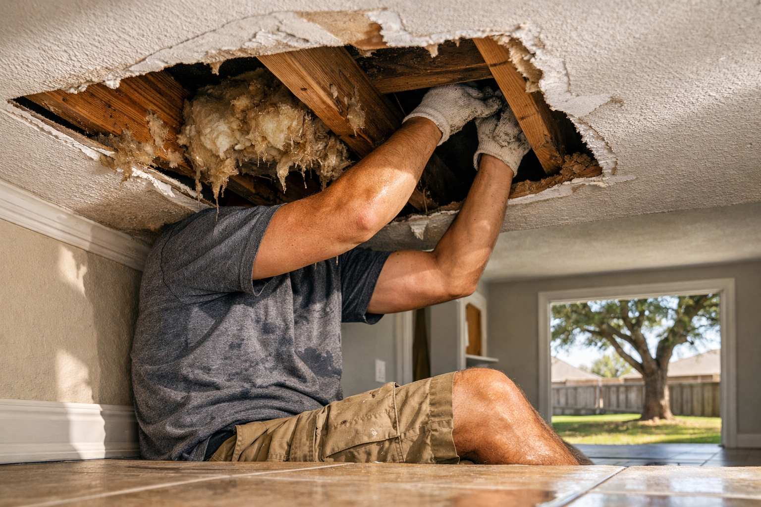 Restoration technician opening a water-damaged ceiling in a Cibolo, TX home to dry wet insulation