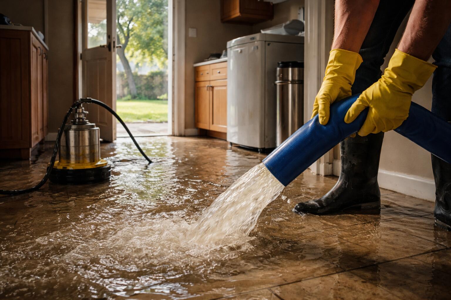 Submersible pump and layflat hose draining standing water from a kitchen utility room floor during emergency water removal in San Antonio, TX
