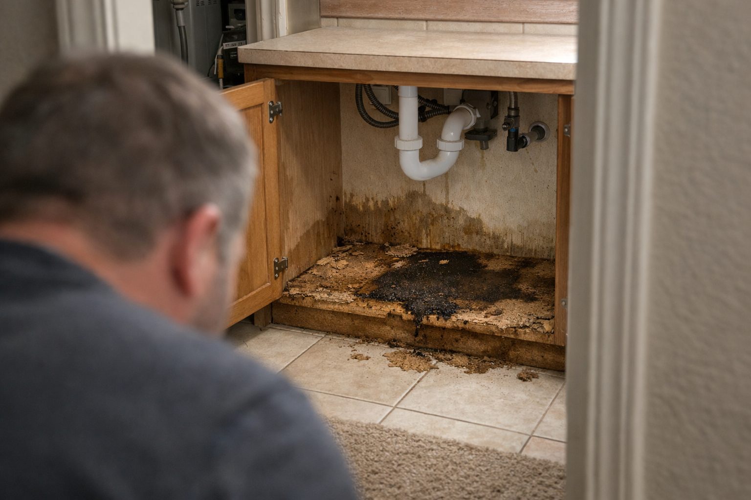 Water-damaged under-sink cabinet base with swollen particleboard, seen over a worker's shoulder in a Live Oak, TX home