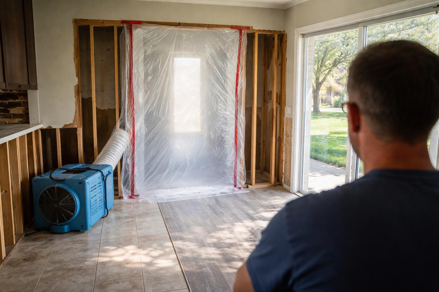 Poly containment barrier and HEPA negative air machine set up for mold remediation in a San Antonio, TX home
