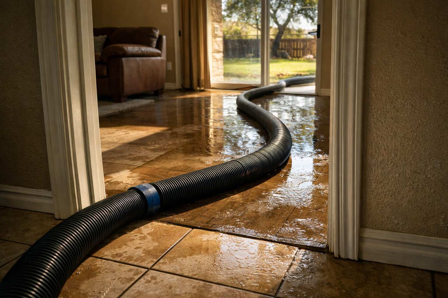 Wet-vac extraction hose running across a wet floor in a San Antonio, TX home during emergency water removal
