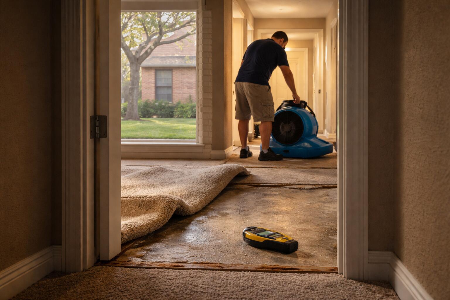 Wet carpet pulled back from a concrete slab in a hallway while a technician sets an air mover in a San Antonio, TX home