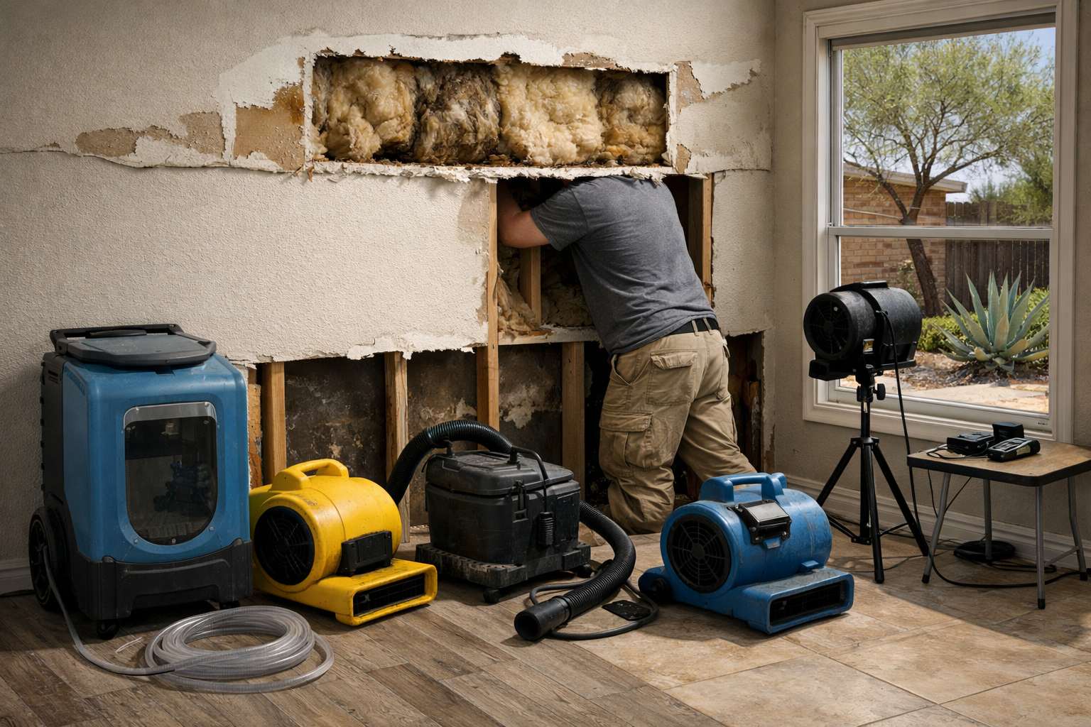 Dehumidifier, air movers and extraction equipment staged while a technician opens a wall in a San Antonio, TX home