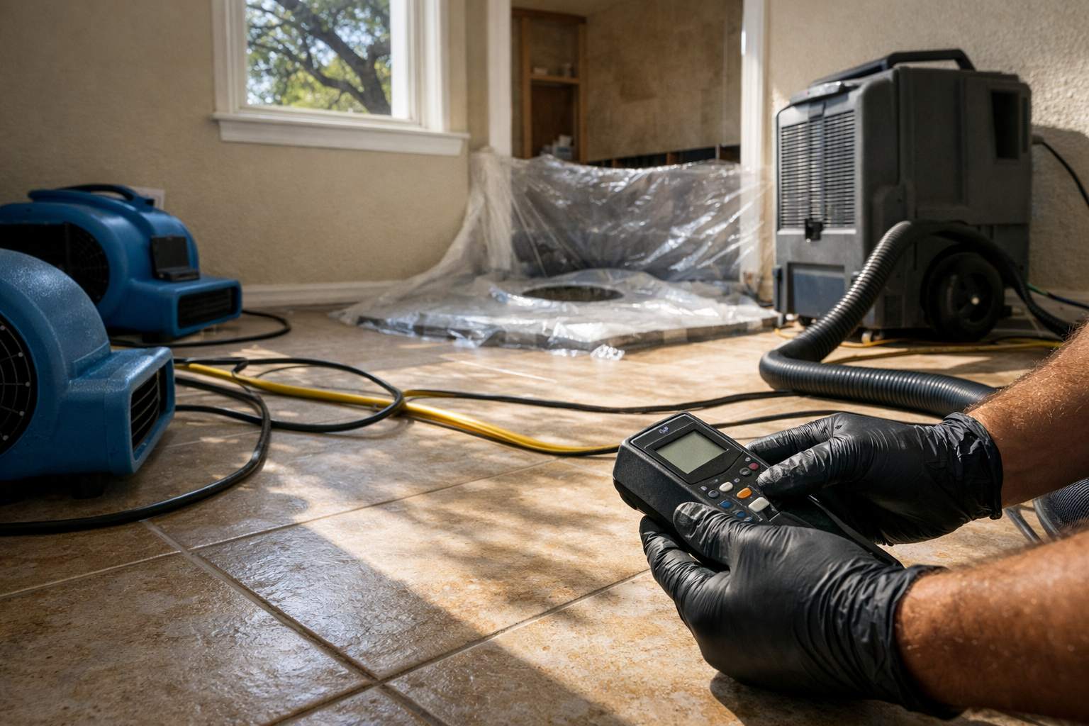 Plastic sheeting over a bathroom floor drain area with air movers, a dehumidifier and a moisture meter during sewage cleanup in a San Antonio, TX home