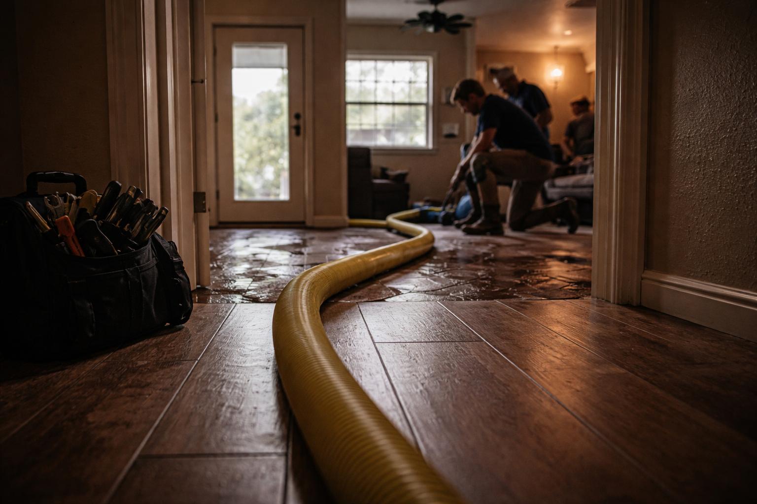 Extraction hose running down a wet hallway while crews work in a Universal City, TX home